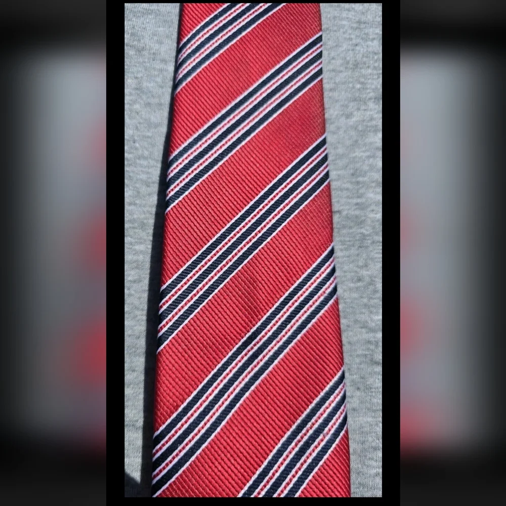 Boy's George Red Clip On Tie w/ Dark Blue and White Striped Pattern